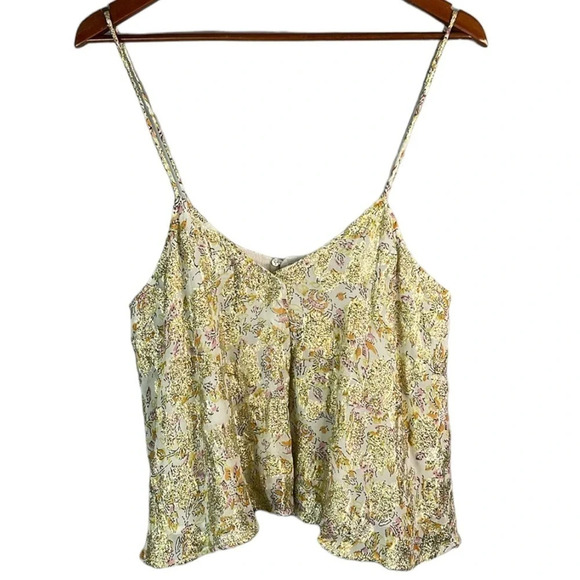 ZARA NWT Metallic Gold Floral Flowy Cami Tank Ivory Spaghetti Strap Coquette L - Picture 2 of 12
